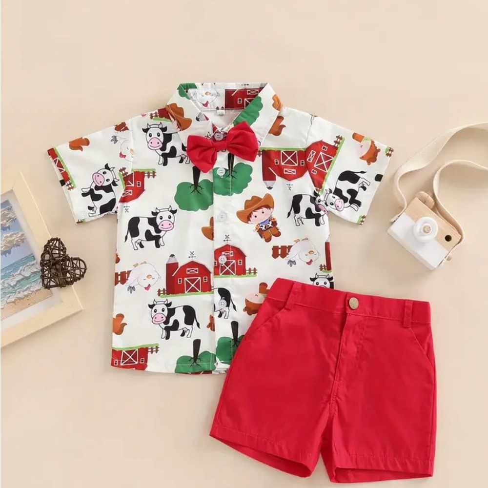 Kids Farm Print Shirt and Red Shorts Set